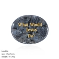 Oval Larvikite worry stone engraved with golden What Would Jesus Do text 35x45mm - Larvikite Palm Stone
