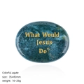 Green colorful agate worry stone with Jesus quote engraving and smooth polished finish - Indian Agate Palm Stone