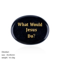 Polished black obsidian palm stone engraved with golden WWJD text in 35x45mm size - Obsidian Palm Stone