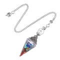 Seven Chakra crystal hexagonal dowsing pendulum with silver chain on white background - Seven Chakra Stone (Antique Silver Pendulum)