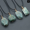 Handmade green natural raw stone pendant necklace with gold wire wrapping and black cord - Green Aventurine (Gold Tone With Rope)