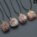 Handmade wire wrapped irregular pink amethyst raw stone pendant with black cord necklace - Strawberry Quartz (Gold Tone With Rope)