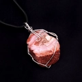 Handcrafted pink raw stone pendant necklace with silver wire wrap on black cord - Red Agate (Silver Tone With Rope)