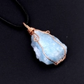 Handmade light blue raw crystal necklace wrapped in rose gold wire with black cord - Aquamarine (Gold Tone With Rope)