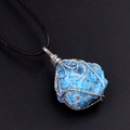 Handmade wire wrapped light blue raw crystal pendant with woven black necklace cord - Blue Apatite (Silver Tone With Rope)