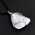 Natural white quartz raw stone pendant with silver wire wrap on a black cord - Clear Quartz (Silver Tone With Rope)