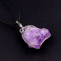 Handmade silver wire wrapped raw purple amethyst stone pendant on black cord necklace - Amethyst (Silver Tone With Rope)