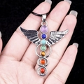 Seven Chakra angel wing pendant necklace with natural colorful gemstones on black leather cord - Angel Wing Style