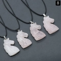 Handgesneden roze kristallen paardenhoofd hanger ketting met zwart gevlochten koord - Rozenkwarts