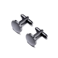 Detailed view of polished black circular stainless steel cufflinks with T-clasp - One Pair / Black