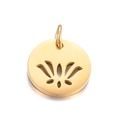 Golden stainless steel circular pendant with hollow floral pattern and small attachment loop - Gold Lotus
