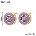 Detail of 18K gold-plated round stud earrings with purple enamel and crystal inlay - Purple Round Style (BE2134B4)