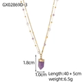 Close-up of double-layer gold necklace with purple crystal prism and white pearls - Double Layer Pearl Crystal Chain (GX02869D-3)