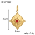 Detail view of a vintage gold oval pendant with hammer texture and red gemstone center - Red Rhinestone Hammered Pendant (HP48798B0-1)