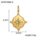 Detailed size map of gold oval birthstone pendant with hammer texture and green gem - Emerald Rhinestone Hammered Pendant (HP48798B0-8)