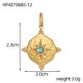 Detailed view of irregular oval gold pendant with light blue gemstone and dimensions - Sky Blue Rhinestone Hammered Pendant (HP48798B0-12)