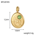 Detailed view of a gold stainless steel round pendant with embossed symbol and green zircon - Green Zirconia Gold Oval Om Symbol Pendant (BP3281B5)