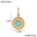 Detail view of a 1.1cm gold sunburst pendant featuring a turquoise stone and measurements - Sky Blue (AP41677B-1)