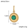 Macro detail of a ribbed gold pendant with an inset round green natural stone - Deep Green (AP41677B-4)