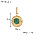 Macro view of a sunburst textured gold pendant featuring a round malachite gemstone inlay - Malachite Color (AP41677B-9)