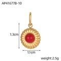 Detail of round gold pendant with red natural stone and ribbed sunburst pattern 1.3cm - Red (AP41677B-10)