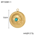 Detailopname van gouden evil eye hanger met turquoise steen en 1,6 cm maataanduiding - Blauwe Boze Oog Ronde Plaat (BP1500B1-1)