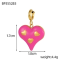 Macro shot of pink enamel heart pendant with gold accents and size measurements - Bright Pink Heart Style (BP3552B3)