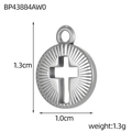 Detail view of round stainless steel cross pendant with radial engraving and dimensions - Silver Sunburst Cross Round Plate (BP43884AW0)