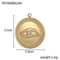 Detailed view of gold stainless steel Evil Eye pendant with clear crystal and dimensions - Round Evil Eye Rhinestone Pendant (FP29088D2A0)