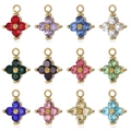 Detailed view of colorful four-petal flower charms with golden metal base and cubic zirconia - Multicolor Combo / Multicolor