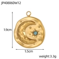 Baroque stainless steel moon and zircon pendant showing 1.9cm height and 3.3g weight detail - Light Blue Rhinestone Moon Star Round Coin Pendant (JP40806DW12)