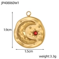 Golden crescent moon and star coin pendant with red zircon inlay in stainless steel - Red Rhinestone Moon Star Round Coin Pendant (JP40806DW1)