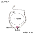 Detalle de pulsera de cadena de acero de bambú con perlas blancas y colgante de corazón - Bambú Metálico Corazón Rosa (GS01459A)