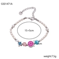 Detalle de pulsera de cuentas de colores con trébol azul y etiqueta de acero inox - Trébol Cara Sonriente Cuentas (GS01471A)