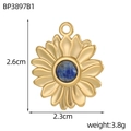 Détail du pendentif tournesol doré avec pierre bleue et dimensions indiquées - Style Tournesol Pierre Bleue (BP3897B1)