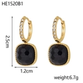Detail of square black earrings with gold hoop and tiny zircon accents for women - Black Square Style (HE1520B1)