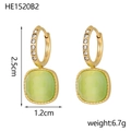 Detail view of gold earrings with cubic zirconia and pale green cat eye stone drops - Light Green Square Style (HE1520B2)