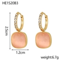 Detail view of gold earrings with pink square stones and clear zircon crystals - Pink Square Style (HE1520B3)