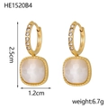 Detailed size view of square geometric gold hoop earrings with white zircon and cat's eye stone - White Square Style (HE1520B4)