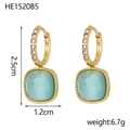 Detail view of gold hoop earrings with light blue square stone charms and dimensions - Light Blue Square Style (HE1520B5)