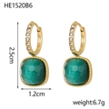 Detail view of gold earrings with cubic green gems and white crystal stones - Dark Green Square Style (HE1520B6)