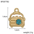 Macro shot of gold vintage radio pendant with blue rhinestones and size details - Blue Rhinestone Retro Radio Style (BP3877B2)