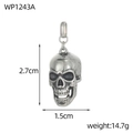 Detail view of gothic stainless steel skull pendant showing 2.7cm height and oxidized finish - Blackened Rock Skull Pendant (WP1243A)