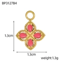 Macro shot of 1.3cm four-petal flower pendant with pink resin and gold alloy finish - Pink Clover Style (BP3127B4)