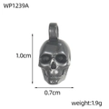 Macro shot of retro stainless steel skull pendant with dimensions and weight specs - Small Retro Skull Accessory (WP1239A)