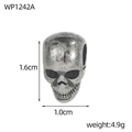 Detail view of a vintage silver skull pendant showing 1.6cm height and weight specs - Vintage Through Hole Skull Bead (WP1242A)
