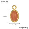 Macro detail of oval pink stone pendant with golden beaded frame and size measurements - Oval Orange Pink Agate Style(BP3063B5)