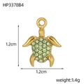 Macro detail of a sea turtle pendant with green zirconia stones and size measurements - Gold Turtle - Light Green Zirconia (HP3378B4)