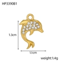 Detail view of gold-plated dolphin charm with micro-paved zircons and size dimensions - Gold Dolphin - White Zirconia (HP3390B1)