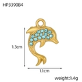 Macro shot of gold dolphin pendant with blue crystals and measurement details - Gold Dolphin - Light Blue Zirconia (HP3390B4)